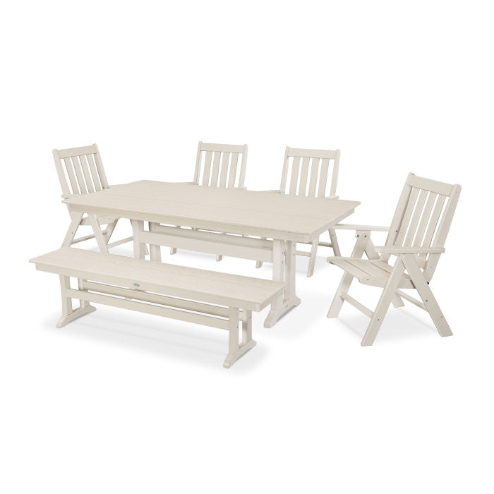 POLYWOOD Vineyard 6-Piece Folding Chair Farmhouse Dining Set with Trestle Legs and Bench FREE SHIPPING