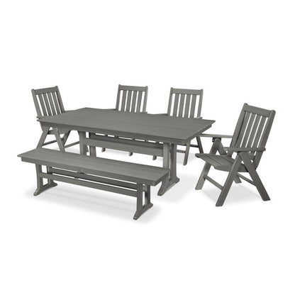 POLYWOOD Vineyard 6-Piece Folding Chair Farmhouse Dining Set with Trestle Legs and Bench FREE SHIPPING