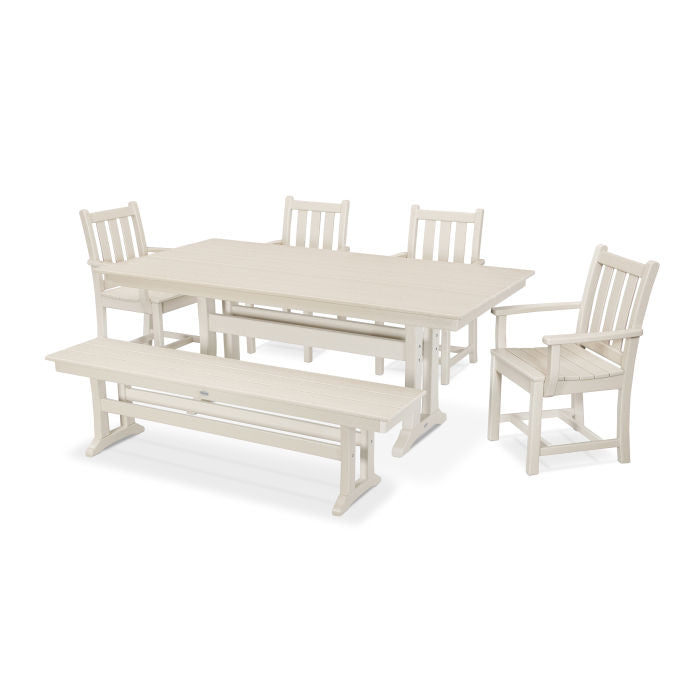 POLYWOOD Traditional Garden Arm Chair 6-Piece Farmhouse Dining Set with Trestle Legs and Bench FREE SHIPPING