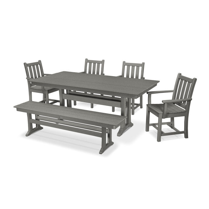 POLYWOOD Traditional Garden Arm Chair 6-Piece Farmhouse Dining Set with Trestle Legs and Bench FREE SHIPPING