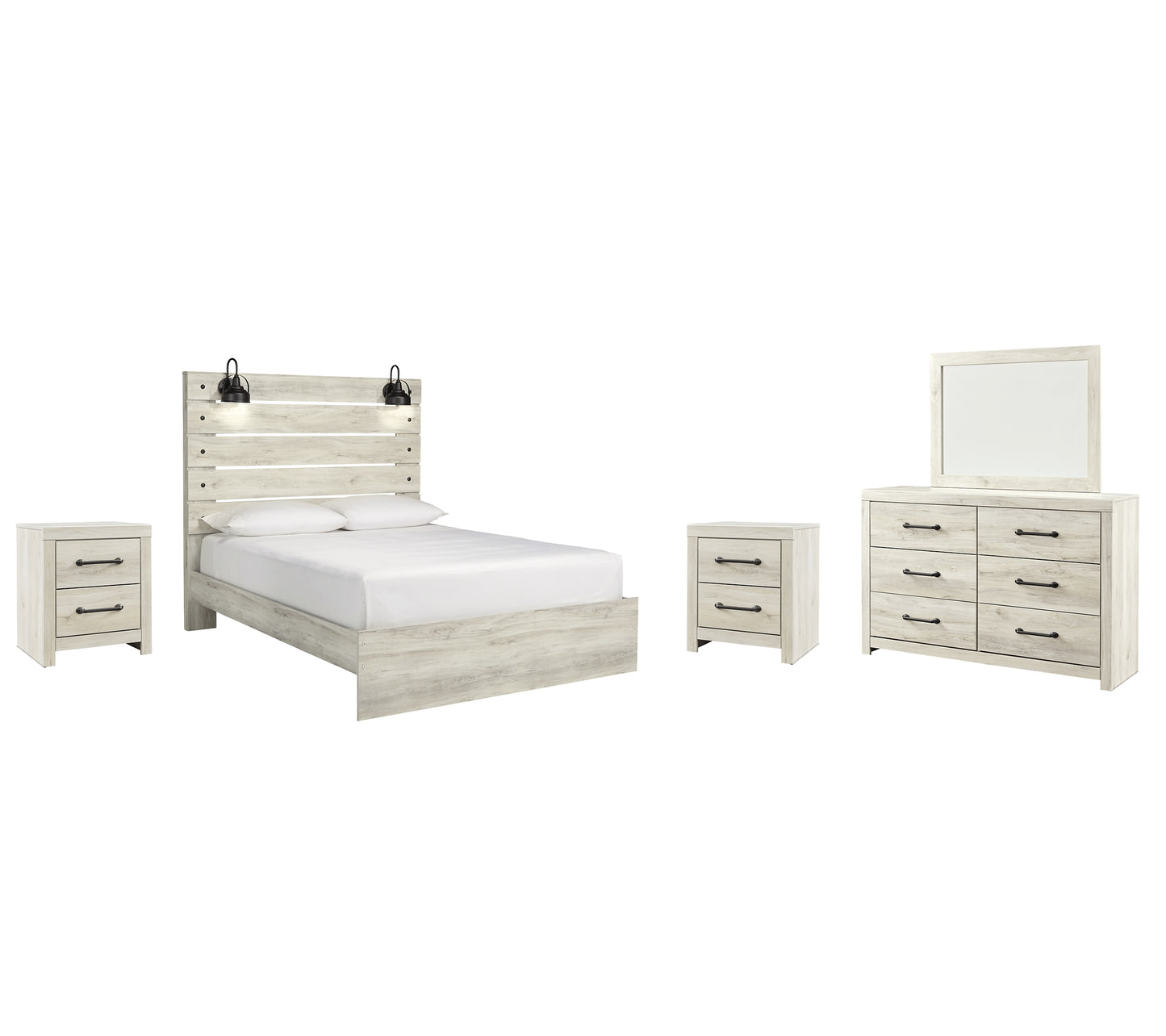 Cambeck  Panel Bed With Mirrored Dresser And 2 Nightstands