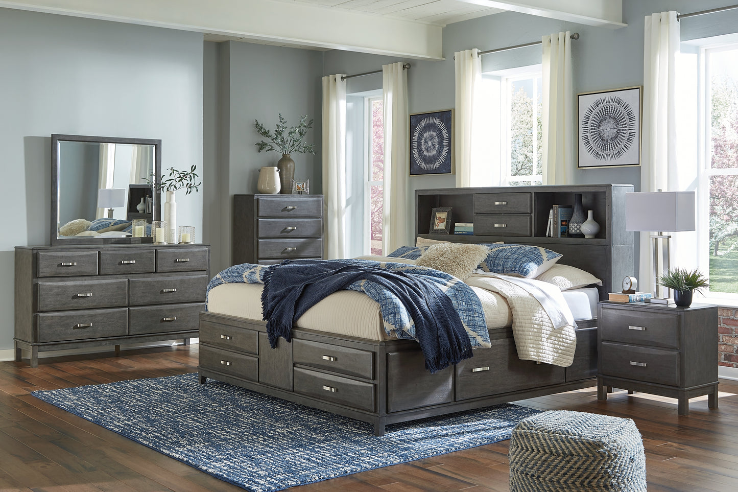 Caitbrook  Storage Bed With 8 Storage Drawers With Mirrored Dresser, Chest And 2 Nightstands