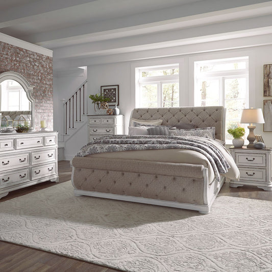 Magnolia Manor - King Uph Sleigh Bed, Dresser & Mirror, Chest, Night Stand