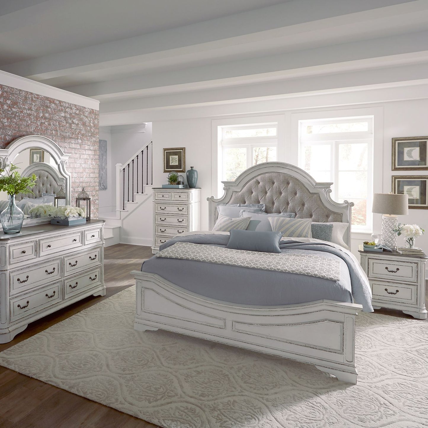 Magnolia Manor - King Uph Bed, Dresser & Mirror, Chest, Night Stand