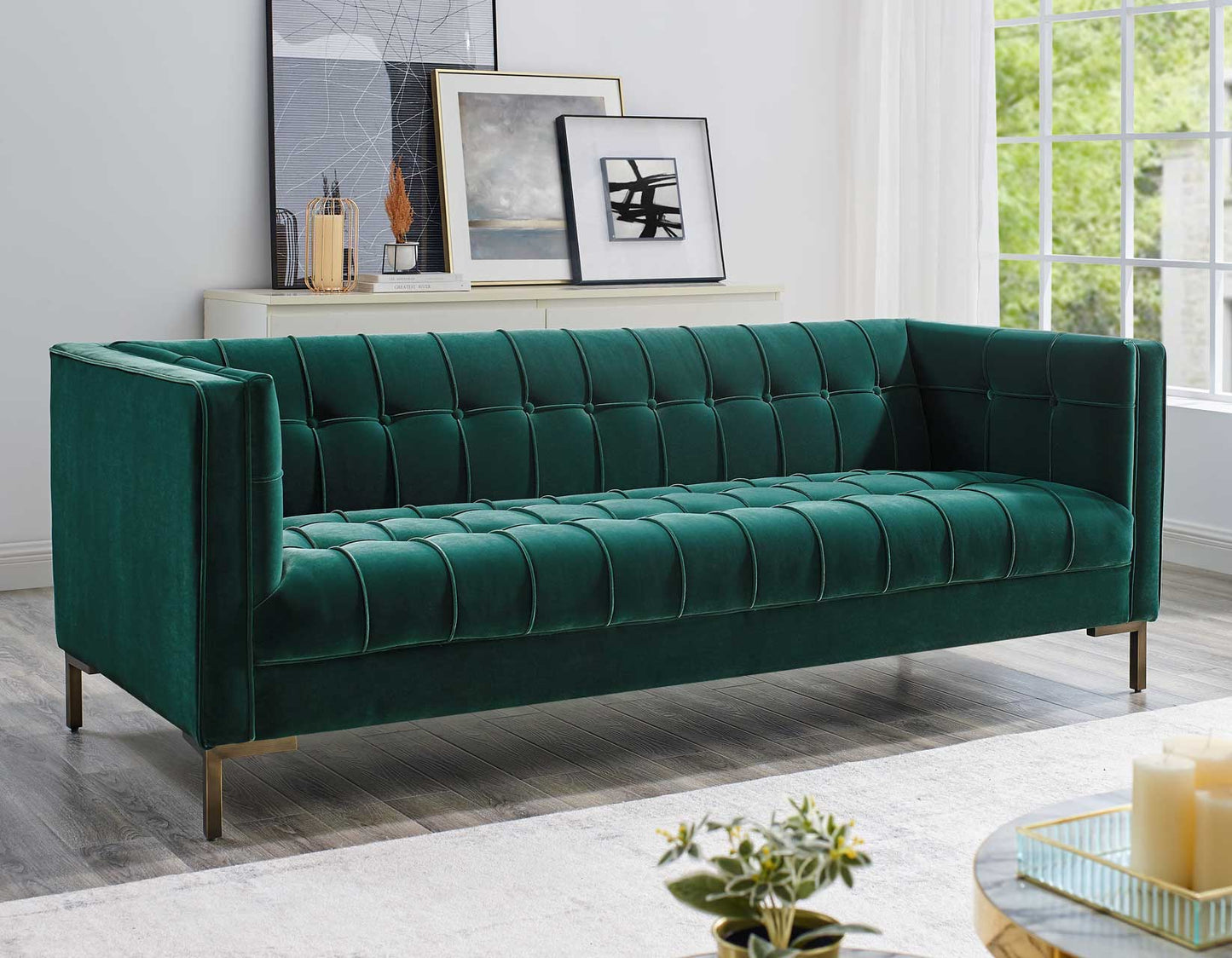 Isaac Channel Stitched Green Velvet Sofa