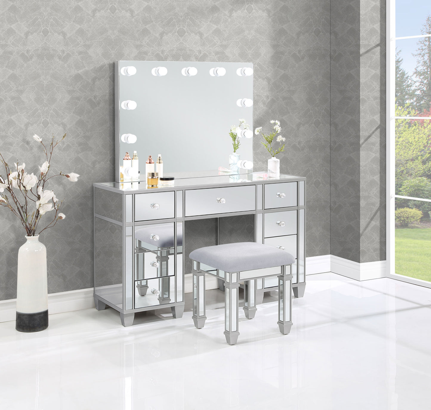 Allora 9-drawer Vanity Set with Lighting Metallic Silver