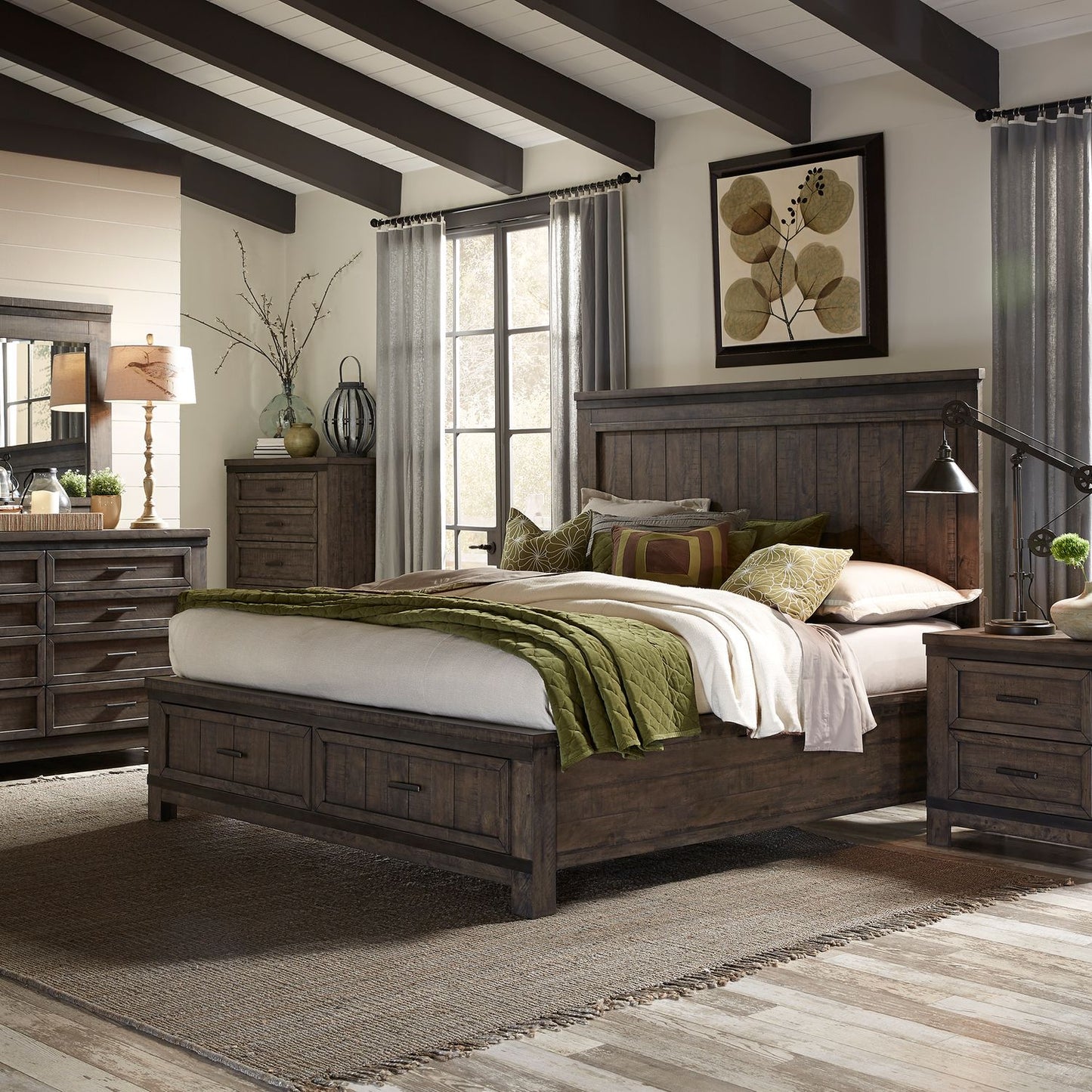 Thornwood Hills - King Two Sided Storage Bed, Dresser & Mirror, Night Stand