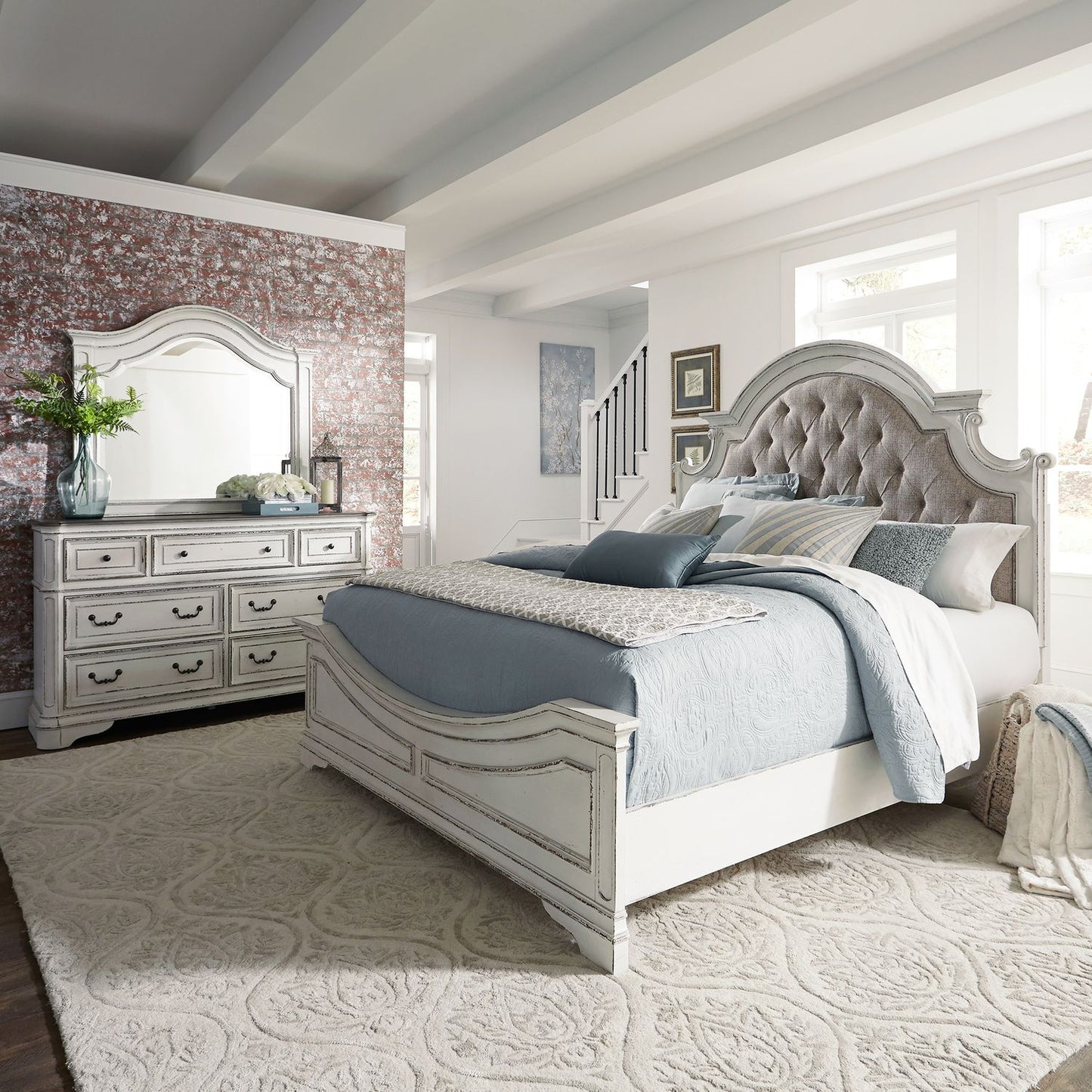 Magnolia Manor - King California Upholstered Bed, Dresser & Mirror