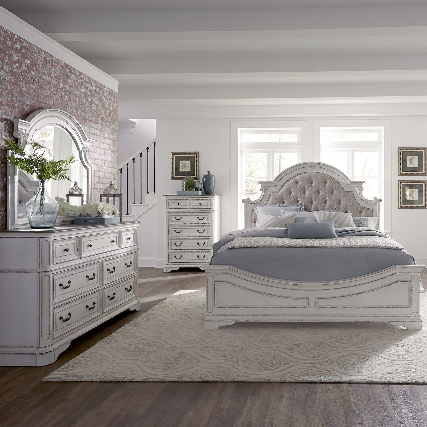 Magnolia Manor - King California Upholstered Bed, Dresser & Mirror, Chest