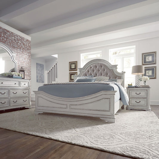 Magnolia Manor - King California Upholstered Bed, Dresser & Mirror, Night Stand