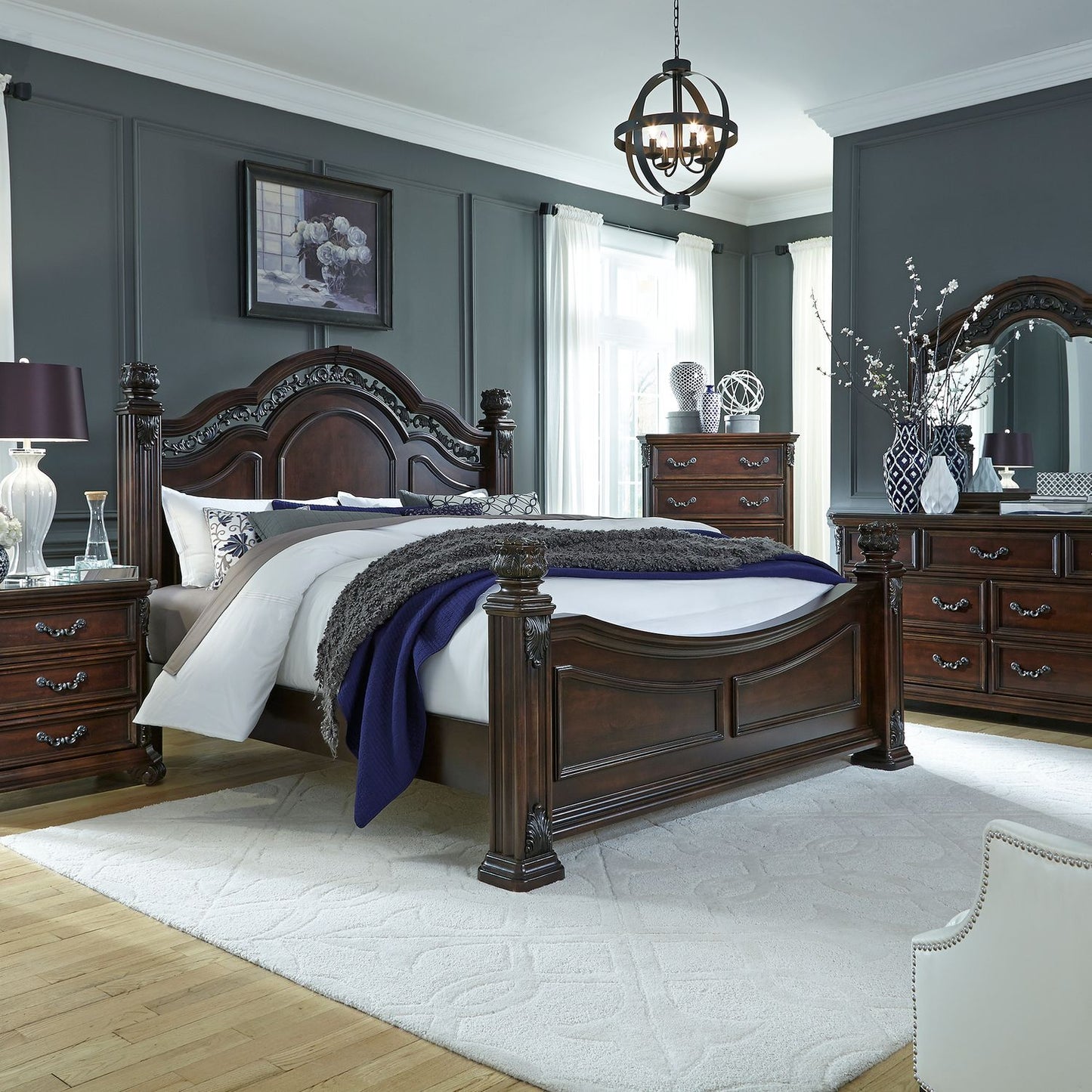 Messina Estates - King Poster Bed, Dresser & Mirror, Night Stand