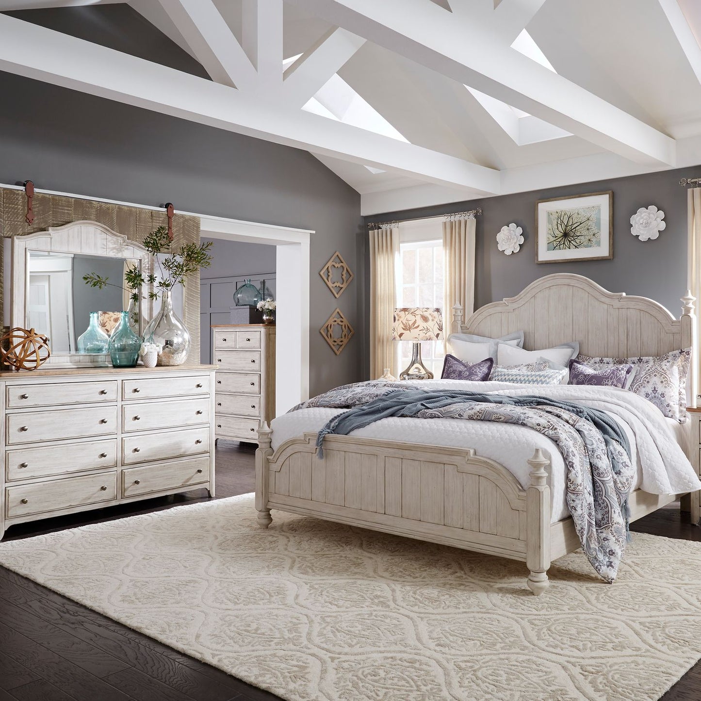 Farmhouse Reimagined - Queen Poster Bed, Dresser & Mirror, Chest