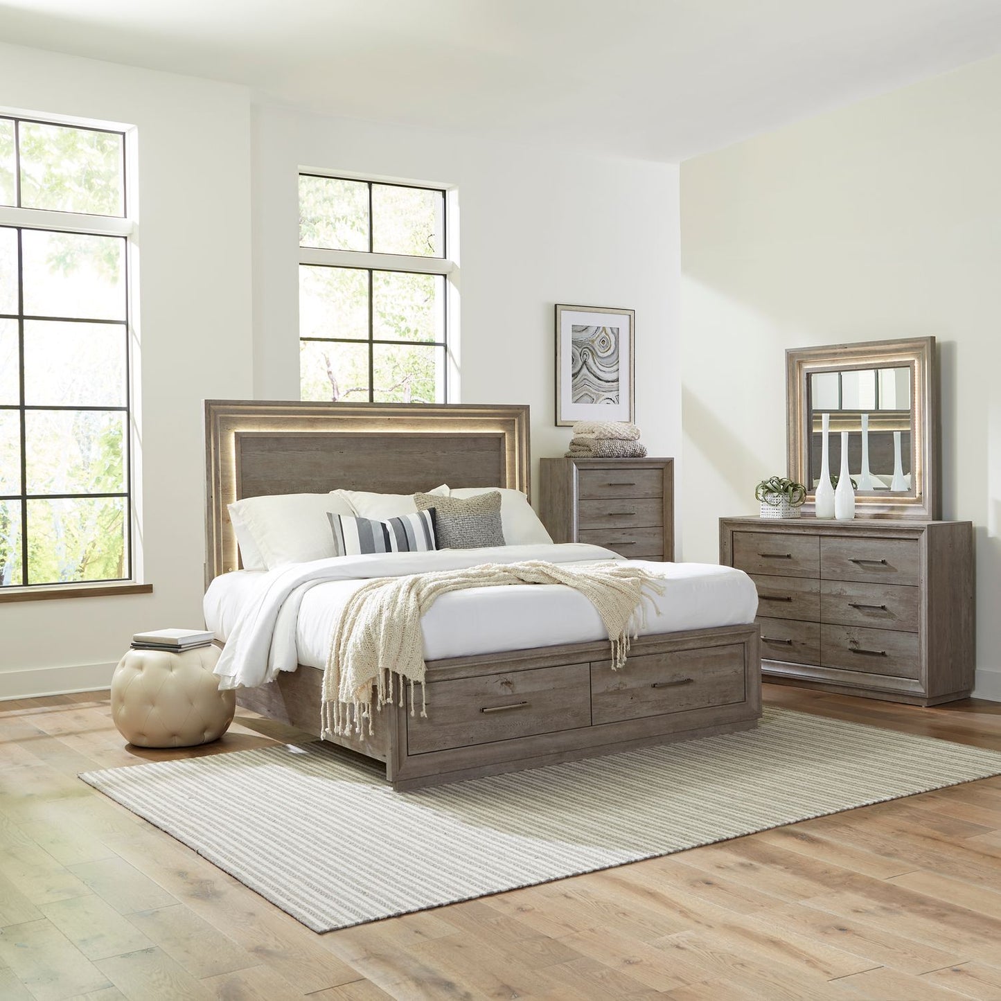 Horizons - King Storage Bed, Dresser & Mirror, Chest