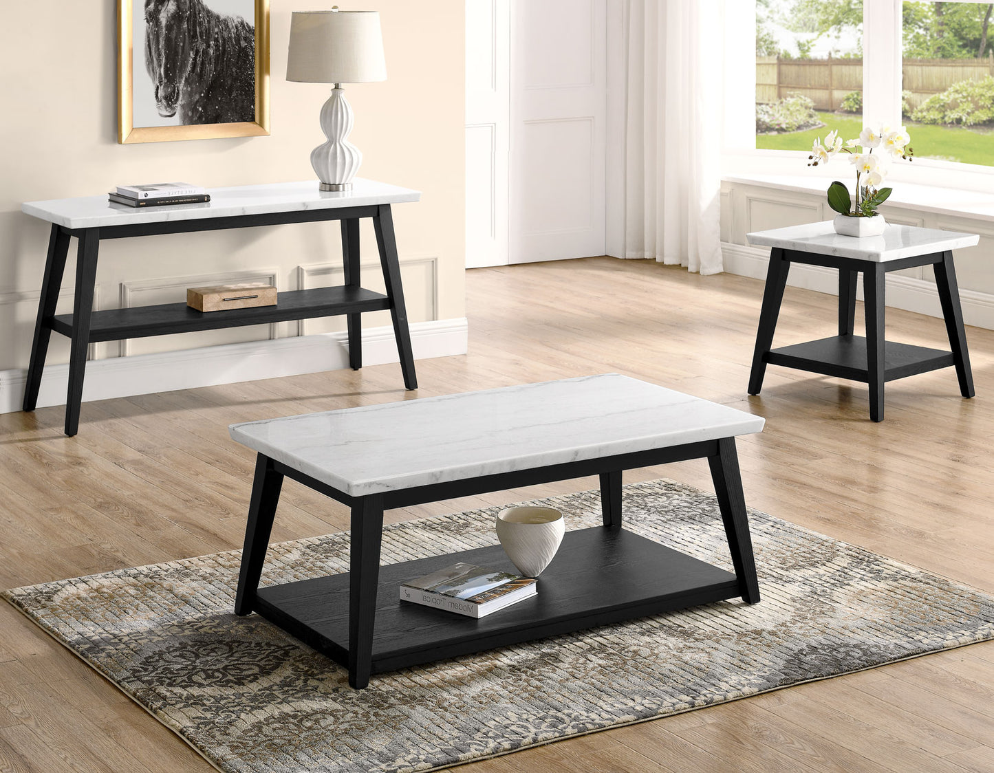 Vida White Marble Top End Table, Black Finish