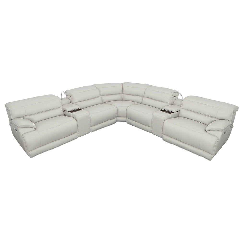 DATON 7-PIECE DUAL-POWER LEATHER RECLINING SECTIONAL, FOG