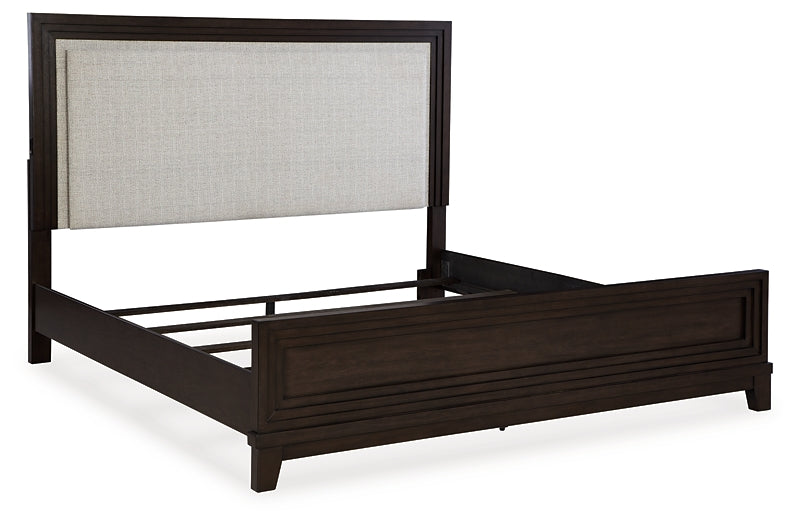 Neymorton King Upholstered Panel Bed with Mirrored Dresser, Chest and Nightstand