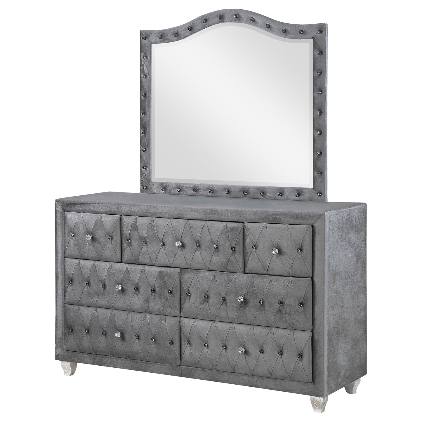 Deanna 7-drawer Upholstered Dresser with Mirror Grey