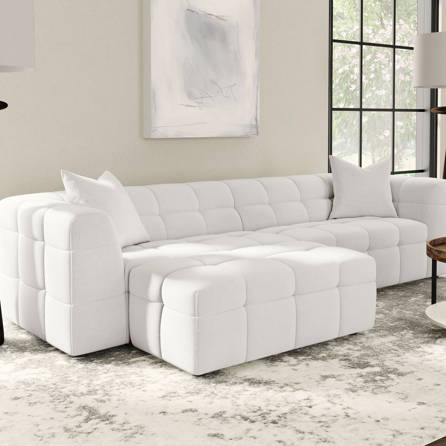 Everly Boucle Upholstered Rectangular Ottoman Off White