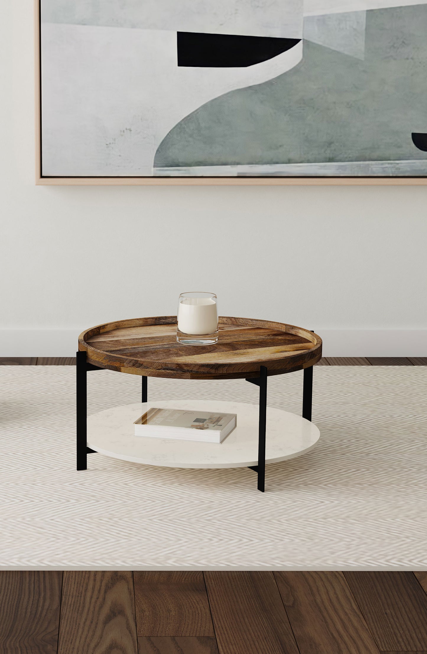 Adhvik Round Wood Top Marble Shelf Coffee Table Natural