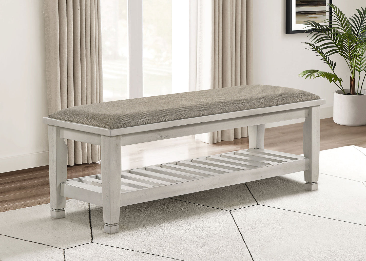 Franco Fabric Upholstered Bench with Shelf Distressed White