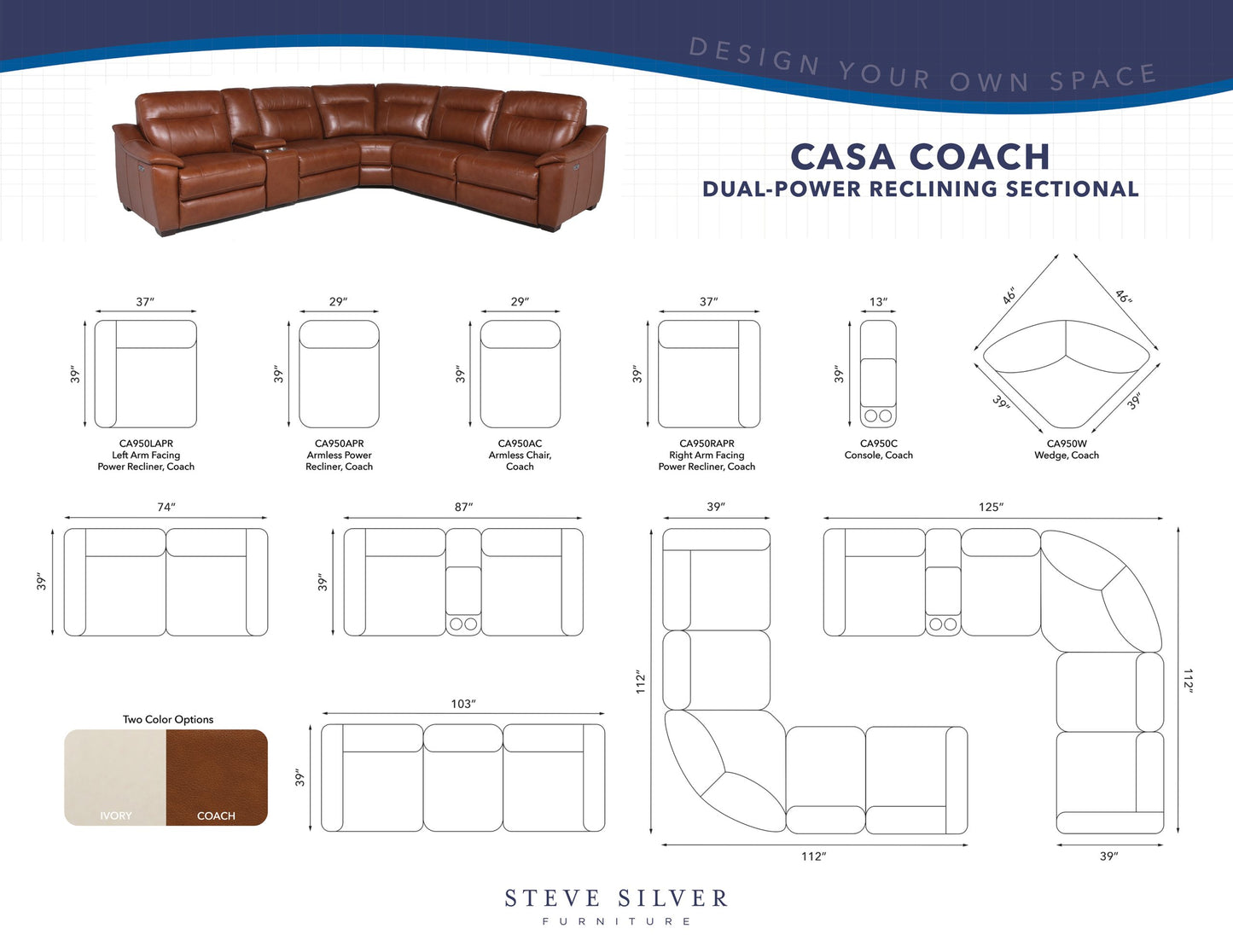 CASA 6-PIECE LEATHER DUAL-POWER RECLINING SECTIONAL, COACH