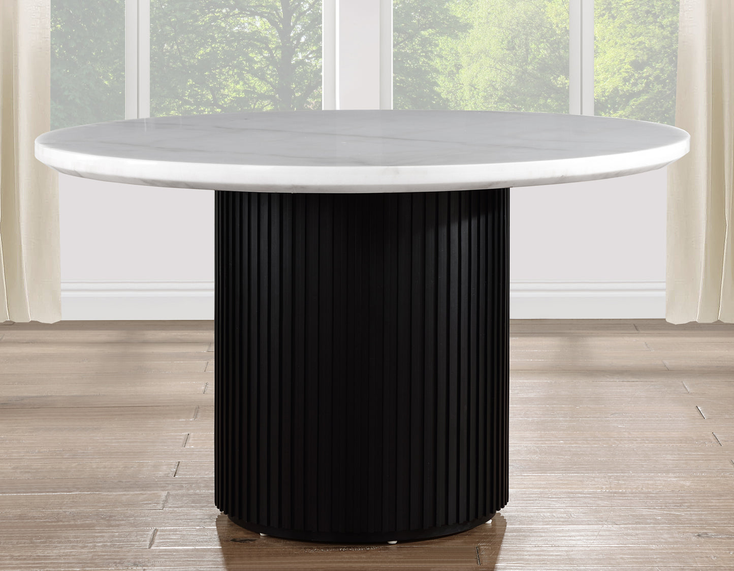 Colvin 52″ Round White Marble Dining Table, Black Finish