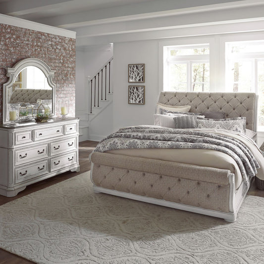 Magnolia Manor - King California Upholstered Sleigh Bed, Dresser & Mirror