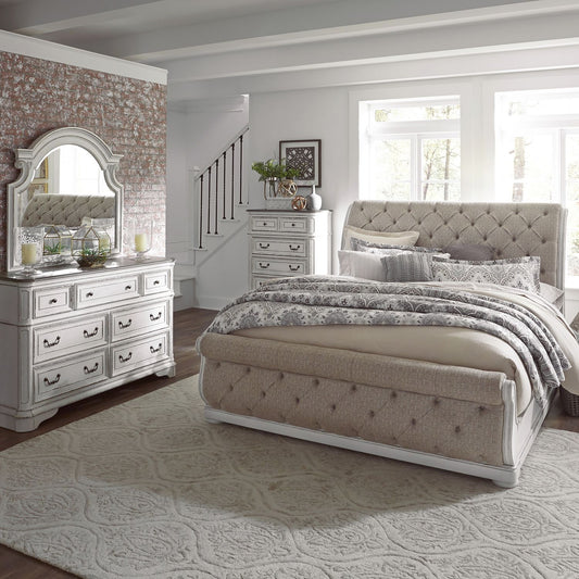 Magnolia Manor - King California Upholstered Sleigh Bed, Dresser & Mirror, Chest