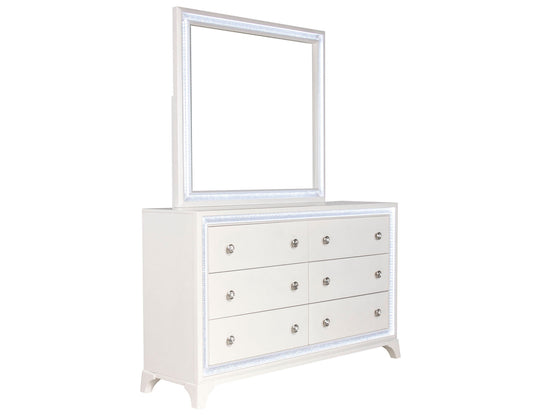 Cassie Illuminating Glam Dresser and Mirror, Shimmering Pearl Finish