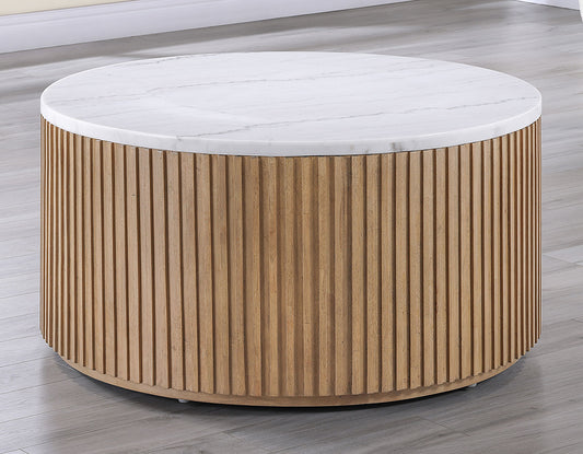 Colvin 36" Round Castered White Marble Top Coffee Table, Toffee Finish