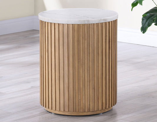 Colvin 18" Round White Marble Top End Table, Toffee Finish