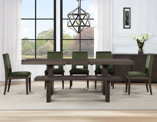 Evan 6-Piece 78-96-inch Table Set with Green Velvet Chairs