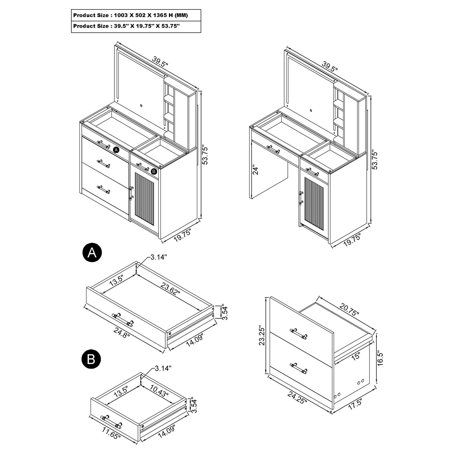 Flora 2-drawer Vanity Table Set LED Mirror and Stool White High Gloss