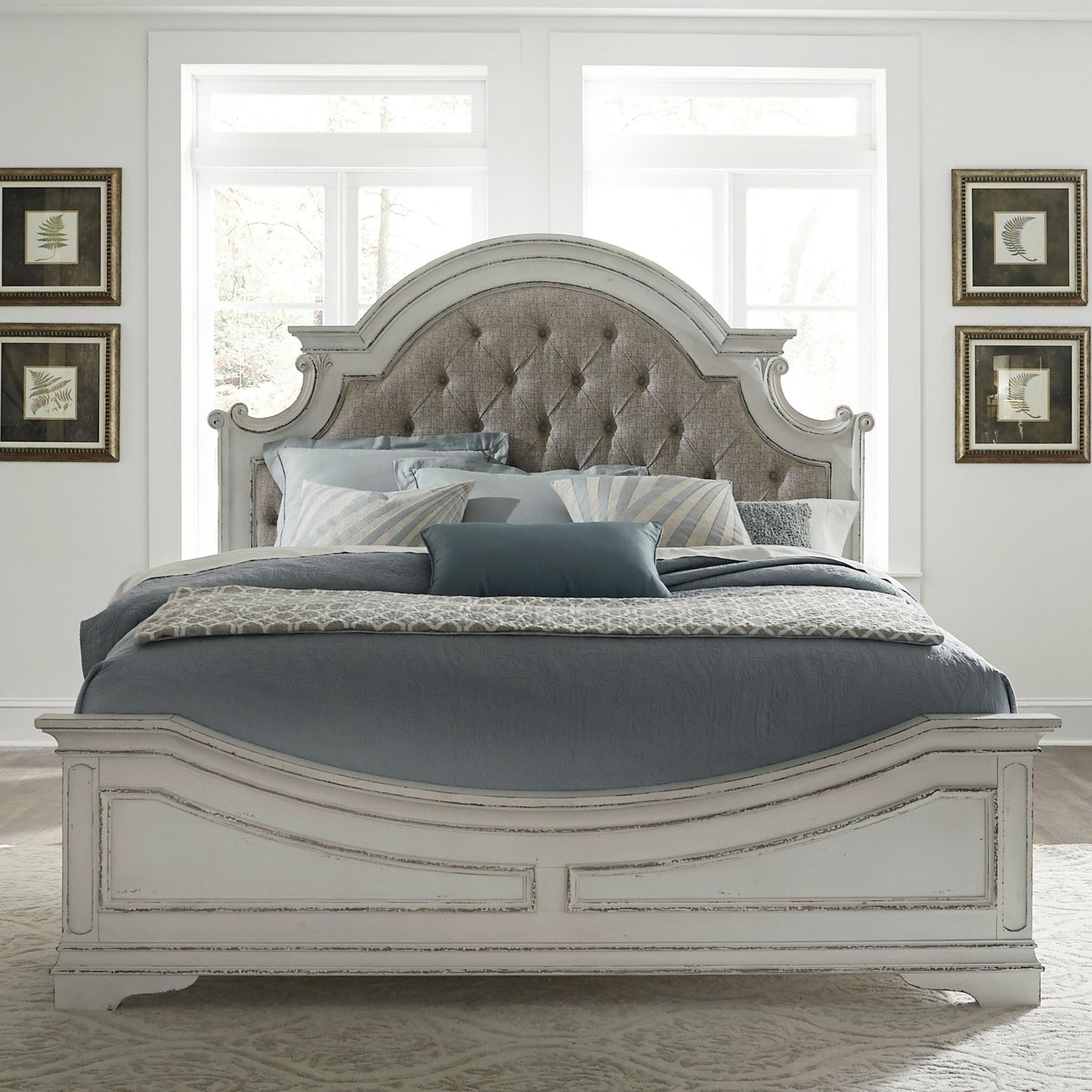 Magnolia Manor - King California Upholstered Bed, Dresser & Mirror