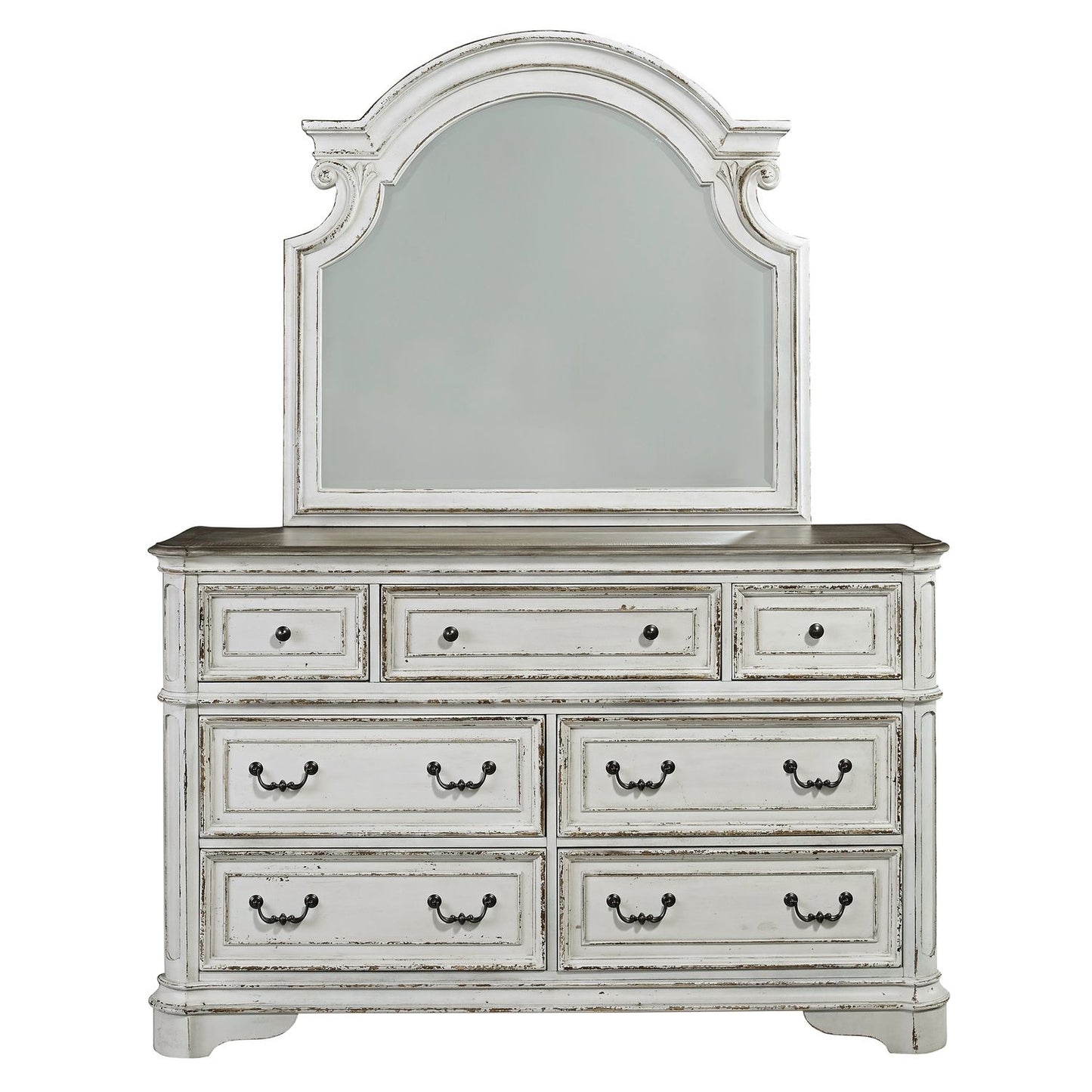 Magnolia Manor - King California Upholstered Bed, Dresser & Mirror, Chest