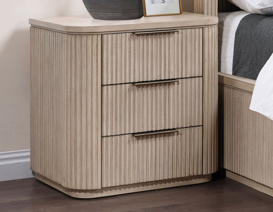 Henry Reeded 3-Drawer Nightstand with USB & Electric Outlets, Tan Finish