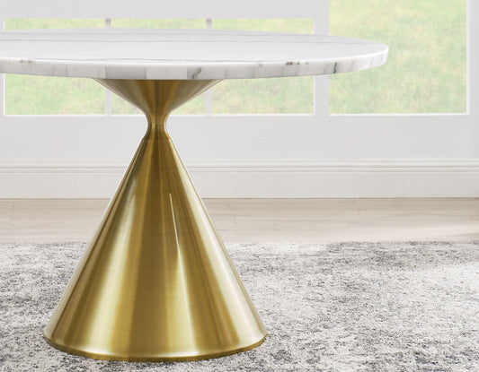 Conrad 48"White Marble Top Table with Gold Conical Base