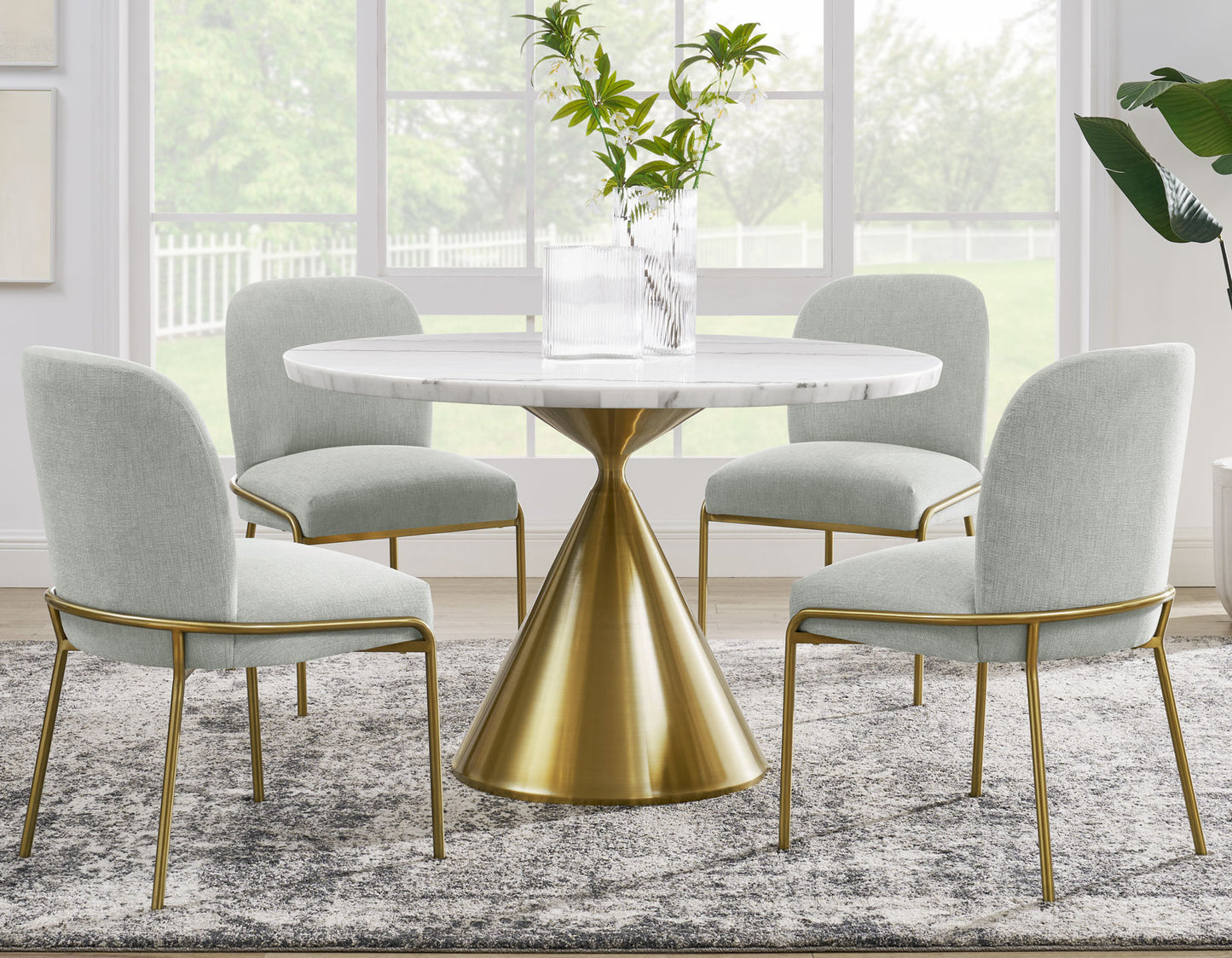 Conrad 48"White Marble Top Table with Gold Conical Base