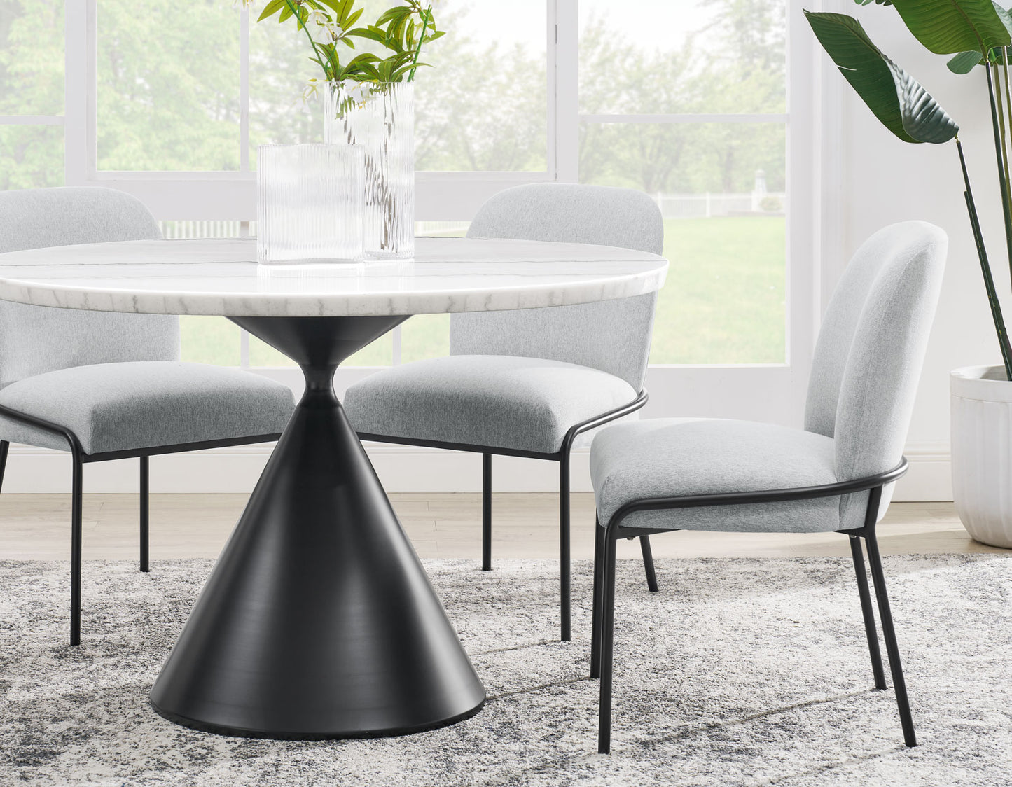 Conrad 48"White Marble Top Table with Black Conical Base