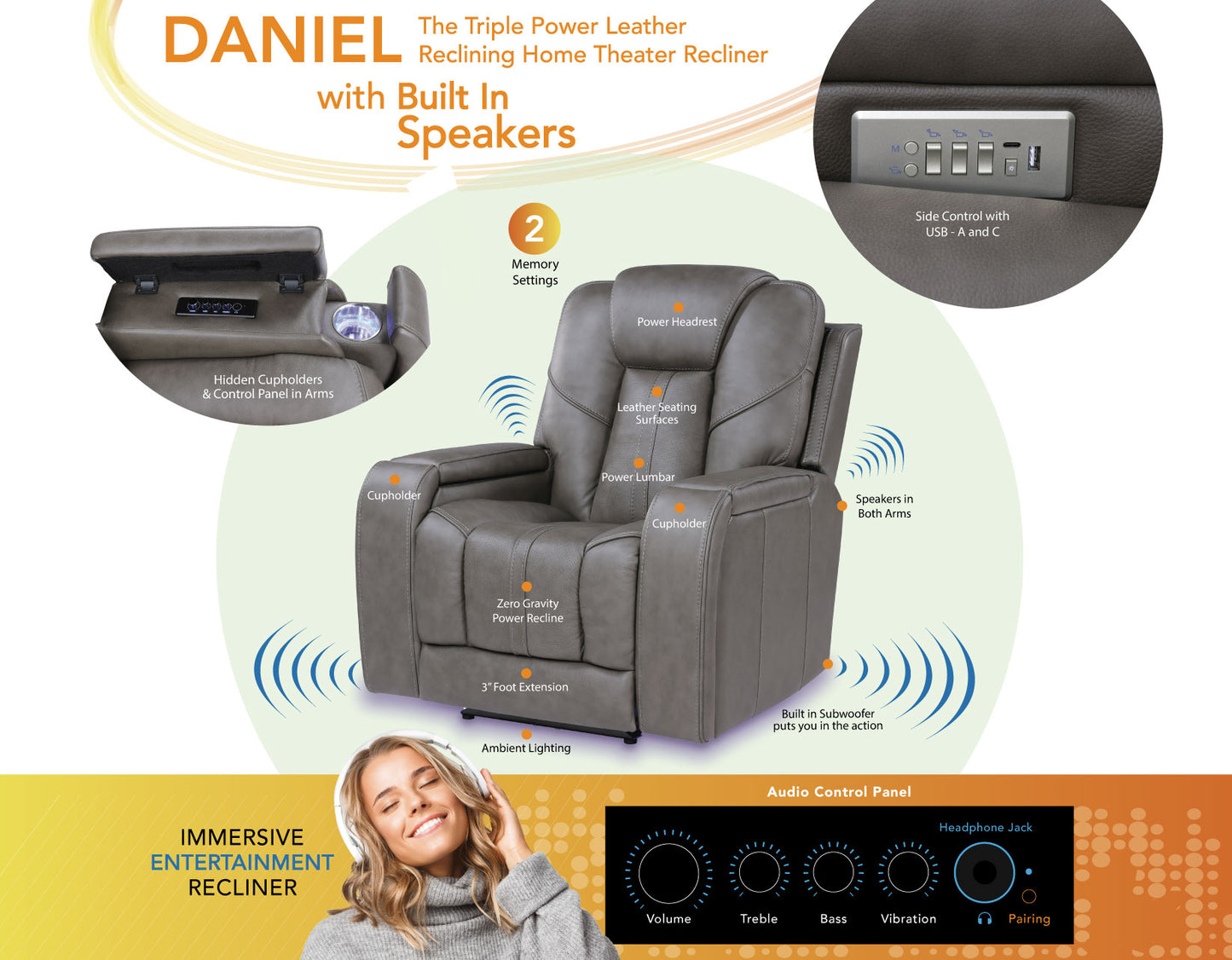 Daniel Triple Power Home Theater Leather Recliner with Built-in Speakers