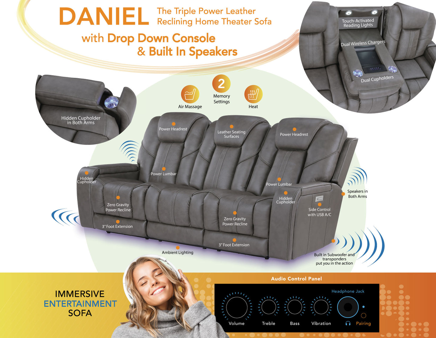 Daniel 3-Piece Triple Power Home Theater Immersive Entertainment Leather Reclining Set