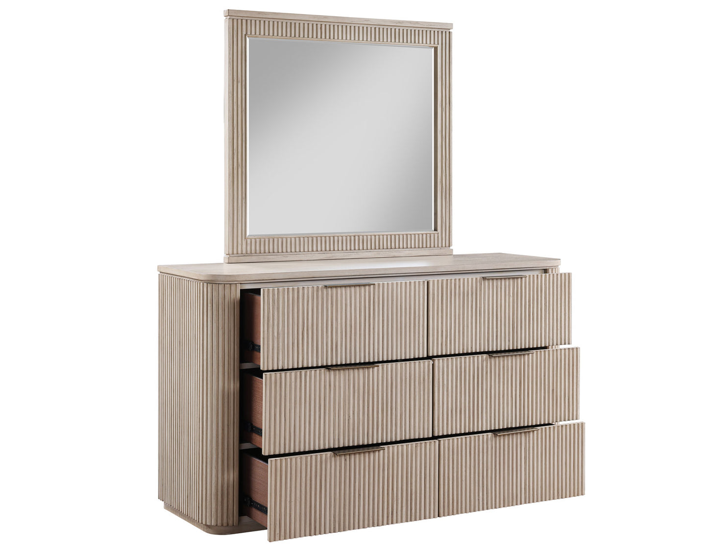 Henry 65" 6-Drawer Reeded Dresser and Mirror, Tan Finish