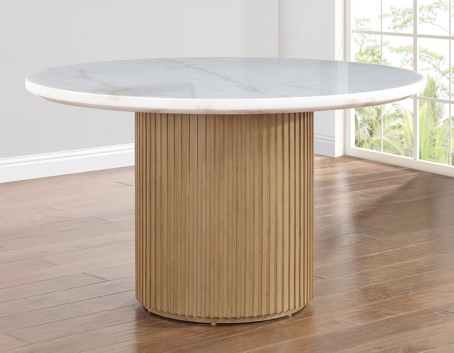 Colvin 52" Round White Marble Table, Toffee Finish