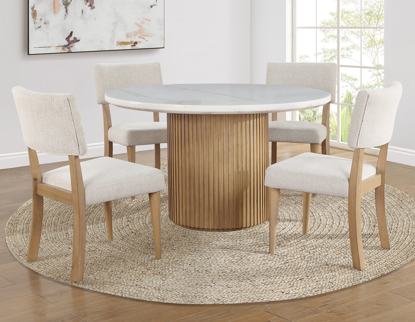 Colvin 52" Round White Marble Table, Toffee Finish