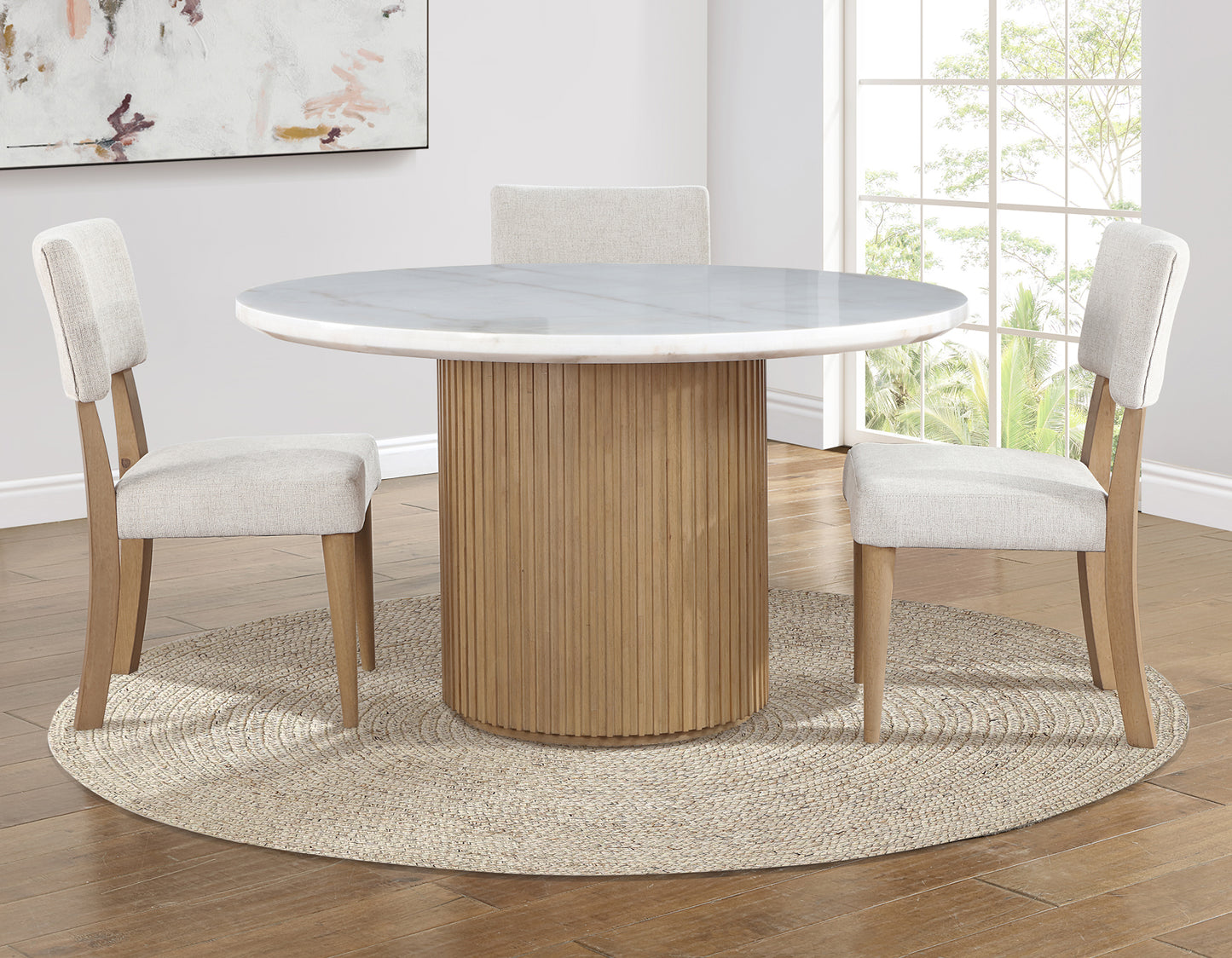 Colvin 52" Round White Marble Table, Toffee Finish