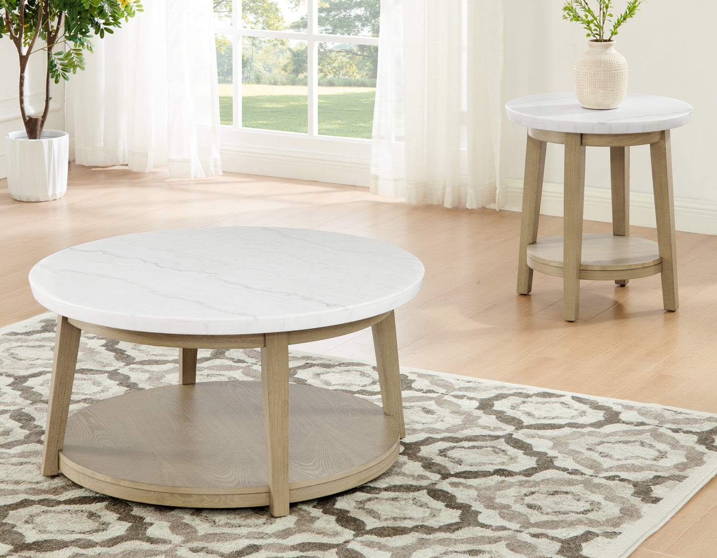 Vida Round 36" White Marble Top Cocktail Table with Casters