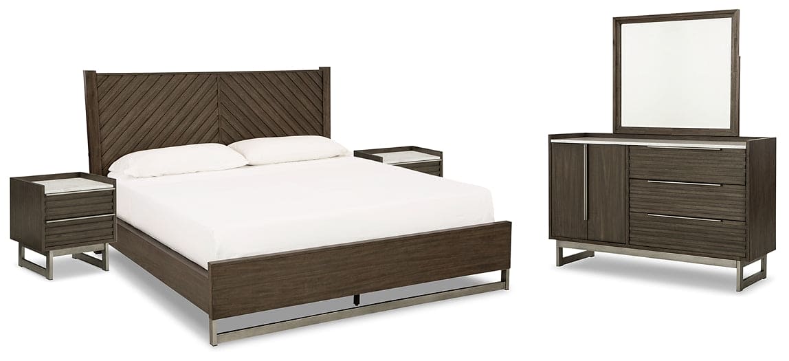 Arkenton California King Panel Bed with Mirrored Dresser and 2 Nightstands