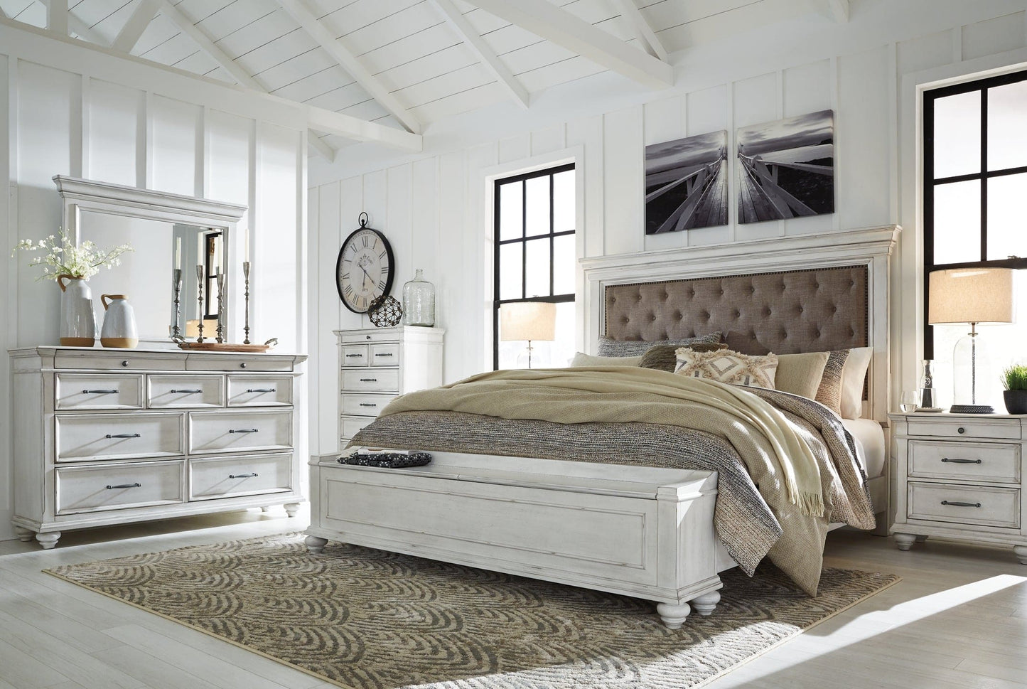 Kanwyn Queen Panel Bed with Storage with Mirrored Dresser and 2 Nightstands