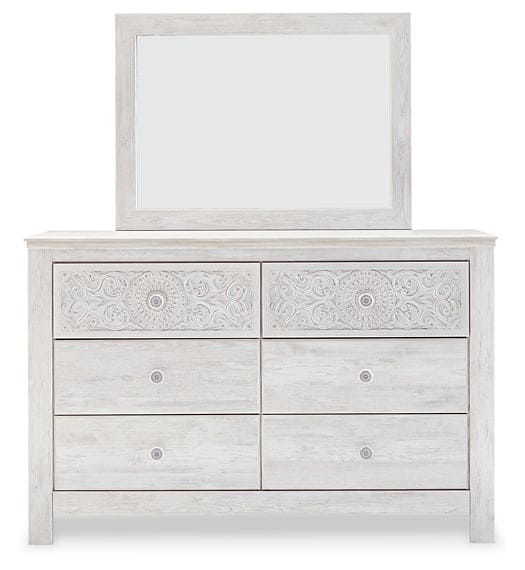 Paxberry King Panel Bed with Mirrored Dresser, Chest and Nightstand