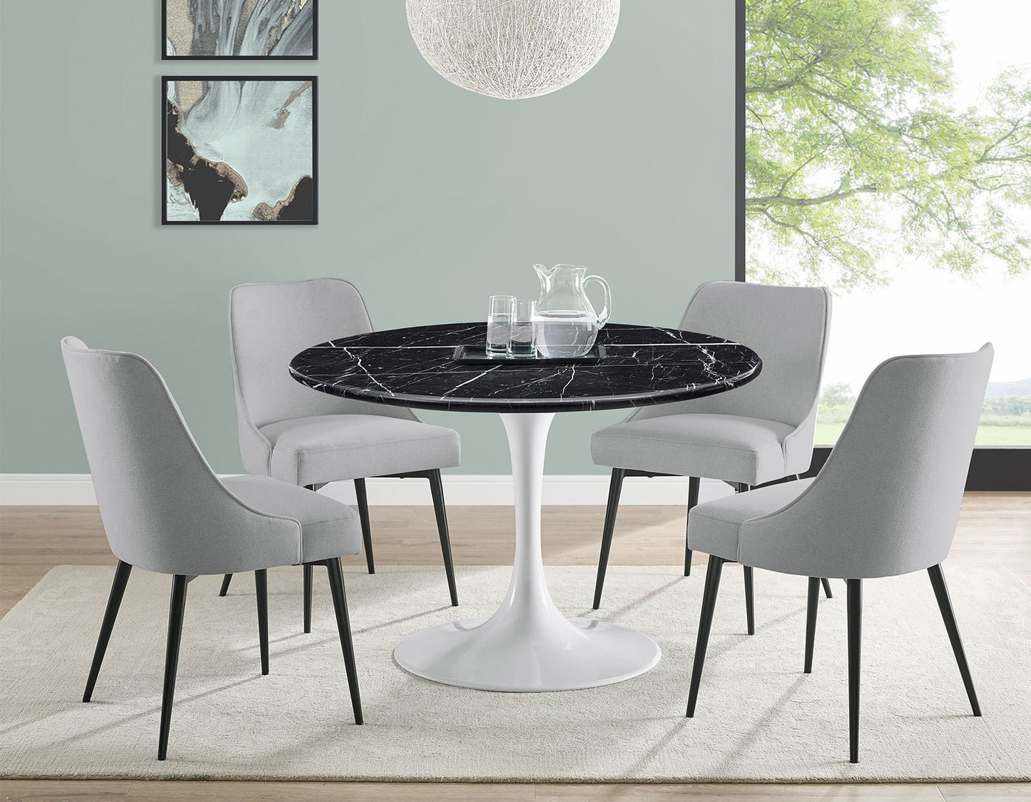 Colfax 45 inch Round Black Marquina Marble Top/White Base Dining Table